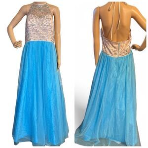 Masquerade Maxi Halter Formal Tulle Beaded Prom Dress Blue and Cream Size 16